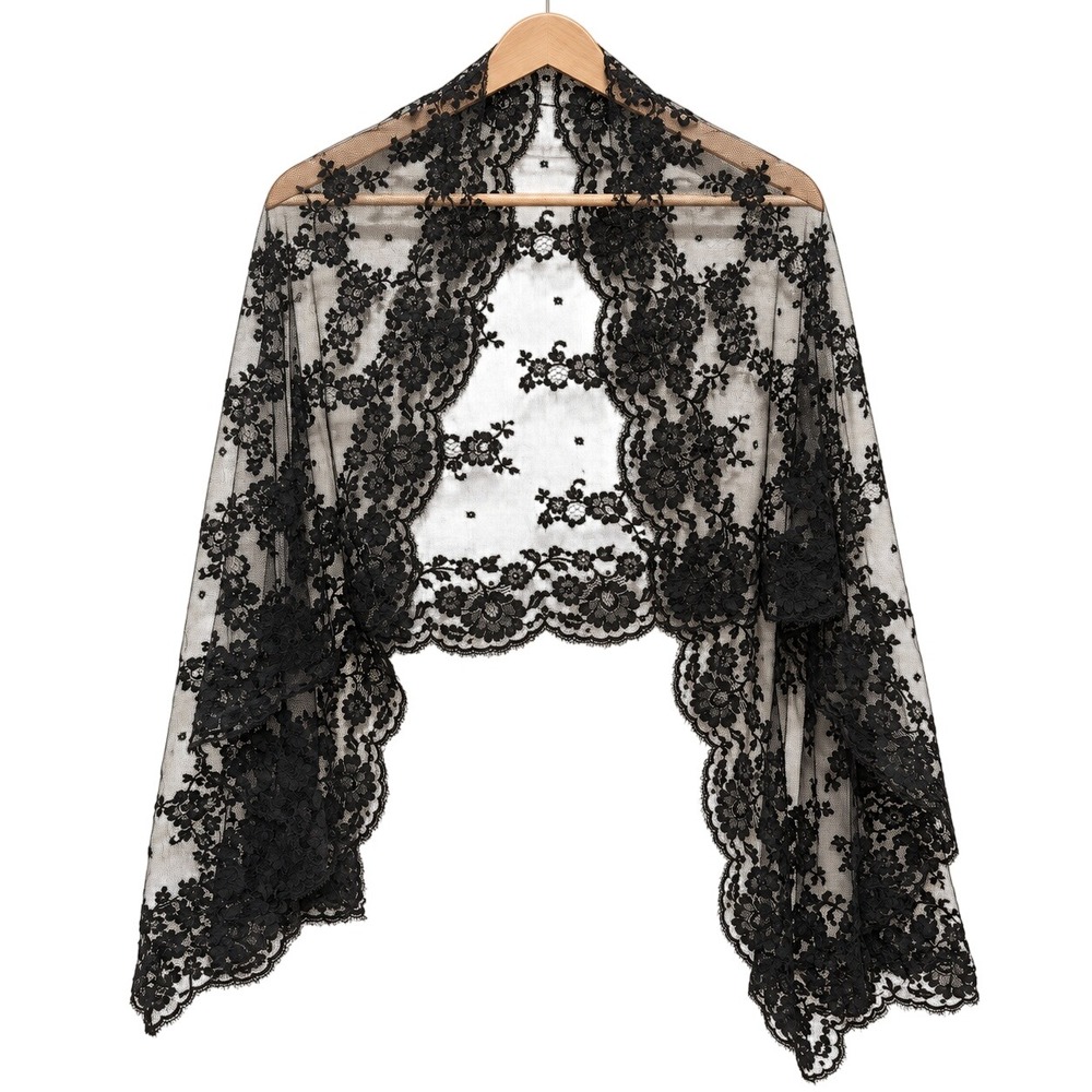 Black Floral Lace Catholic Chapel Veil Mantilla Religious Head Covering 67x23